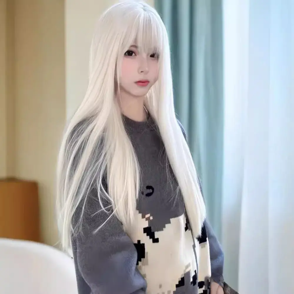 Lolita Pure White Long Straight Hair Wig Women's Cute Natural Simulation Hair Full Head Cover Daily Use Fashionable Lace Wig