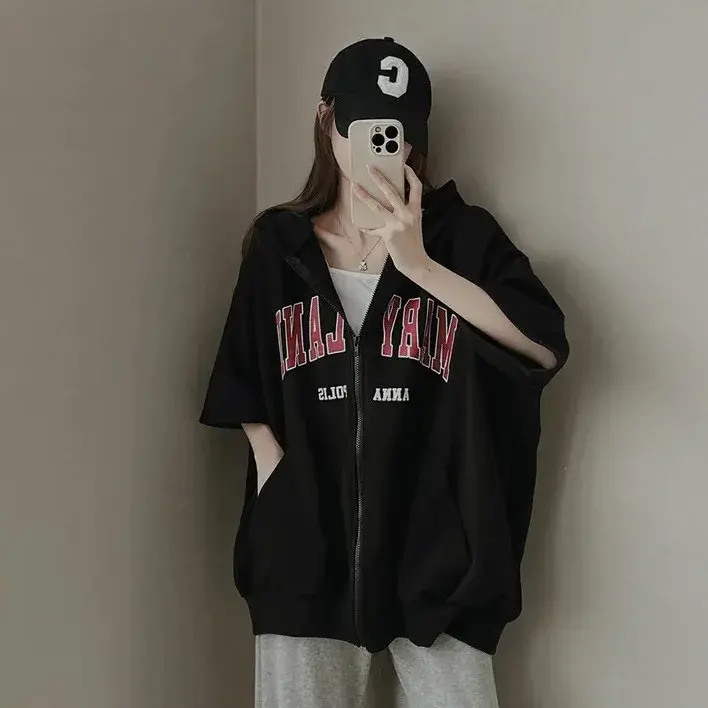 Women's Short Sleeve Hoodie Spring Summer Sporty Loose Zipper Open Cardigan Design Sense Top Korean Style Half Sleeve Sweatshirt