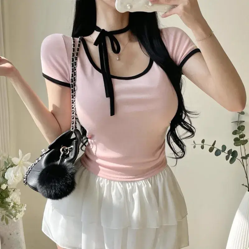 Korean Dongdaemun Summer 2025 Women's Slim Fit Short Knitted round Neck T-Shirt Color Block Casual Tie Dye Top Tee