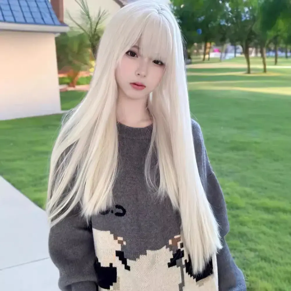 Lolita Pure White Long Straight Hair Wig Women's Cute Natural Simulation Hair Full Head Cover Daily Use Fashionable Lace Wig
