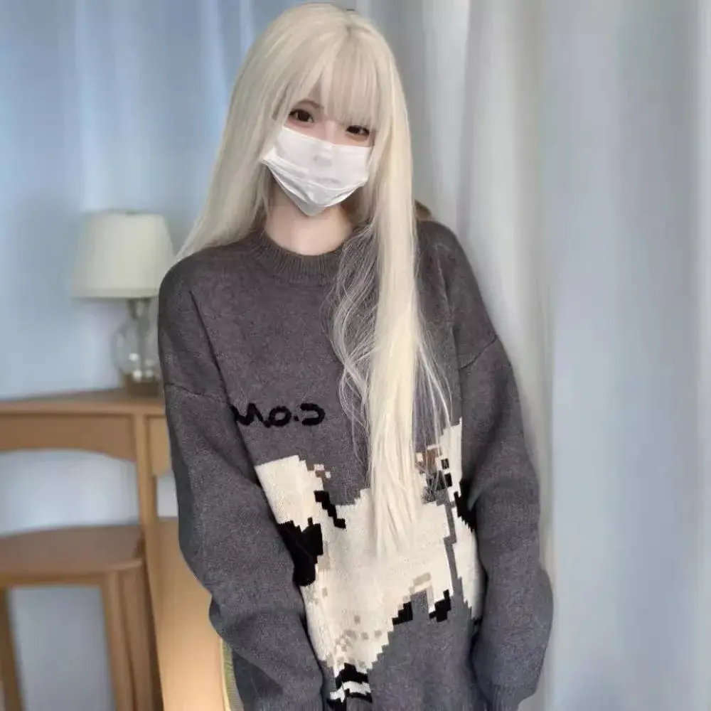 Lolita Pure White Long Straight Hair Wig Women's Cute Natural Simulation Hair Full Head Cover Daily Use Fashionable Lace Wig