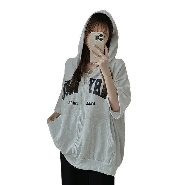 Women's Short Sleeve Hoodie Spring Summer Sporty Loose Zipper Open Cardigan Design Sense Top Korean Style Half Sleeve Sweatshirt