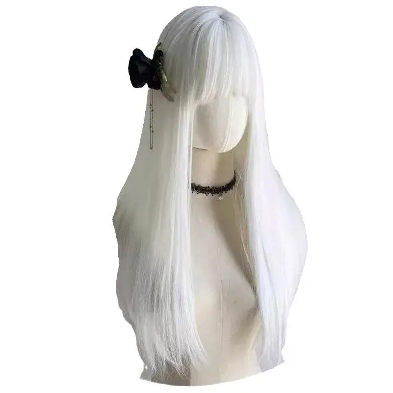 Lolita Pure White Long Straight Hair Wig Women's Cute Natural Simulation Hair Full Head Cover Daily Use Fashionable Lace Wig