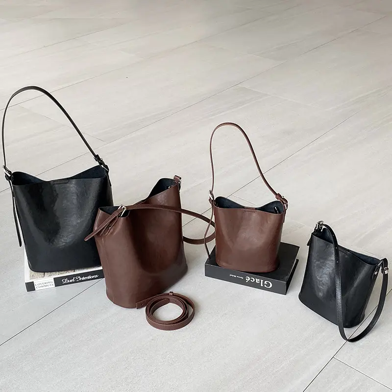 Fashionable Versatile Women's Cow Leather Bucket Bag New Vintage Trendy Shoulder Crossbody Bag For Autumn/Winter 2024