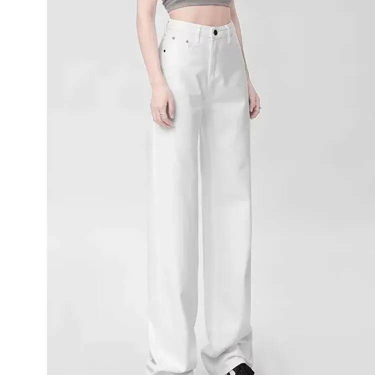 Fashionable High Waist Wide Leg White Denim Jeans Women's Spring Summer Slimming Straight Cut Draping Floor-Length Trousers