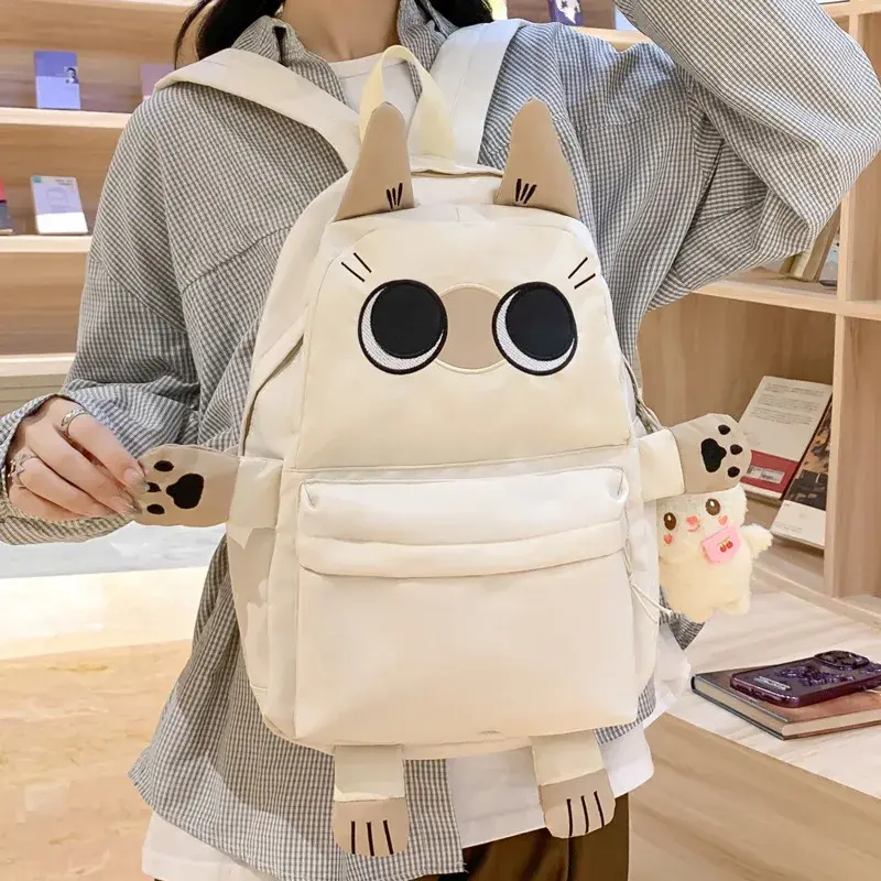 Large Capacity School Bag Cartoon Siamese Cat Design High School Middle School Student Backpack Nylon Material with Computer Com
