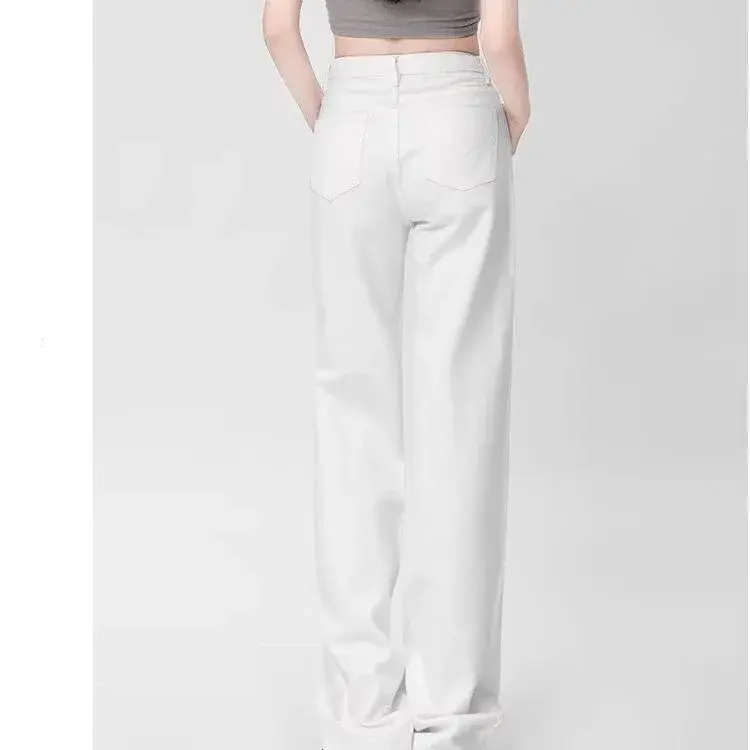 Fashionable High Waist Wide Leg White Denim Jeans Women's Spring Summer Slimming Straight Cut Draping Floor-Length Trousers