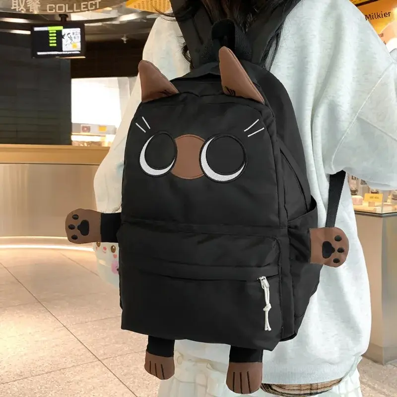 Large Capacity School Bag Cartoon Siamese Cat Design High School Middle School Student Backpack Nylon Material with Computer Com