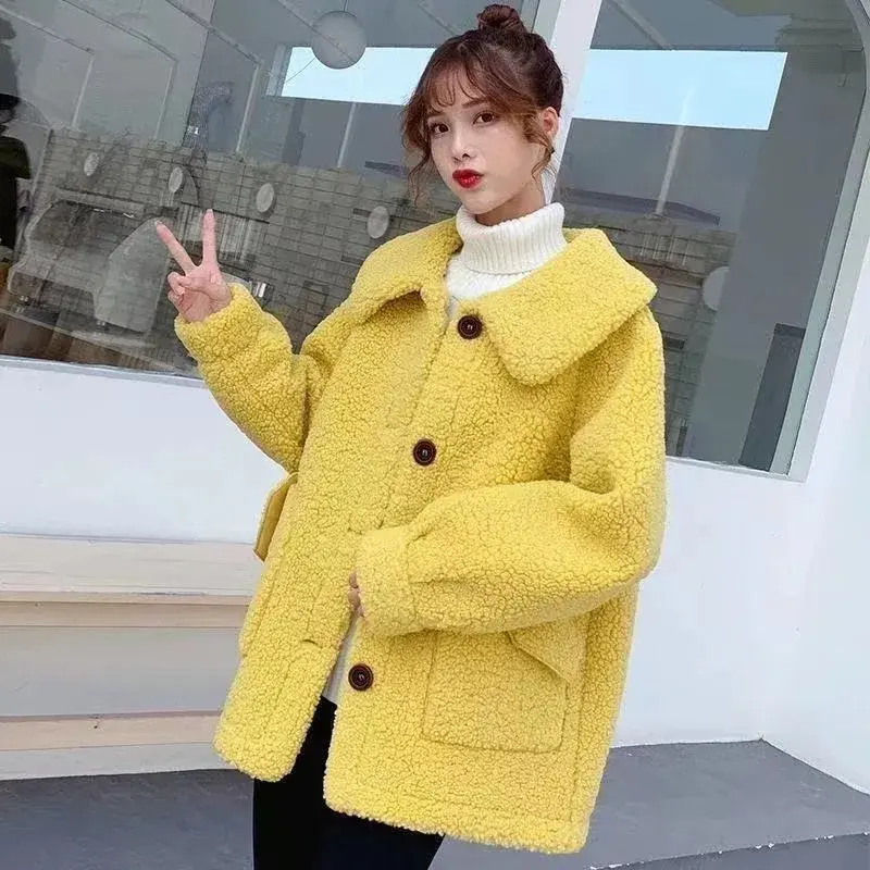 Women's Loose Lapel Lamb Fur Jacket Autumn Winter Thickened Korean Style Polo Collar Sweatshirt Outerwear Polyester Fiber