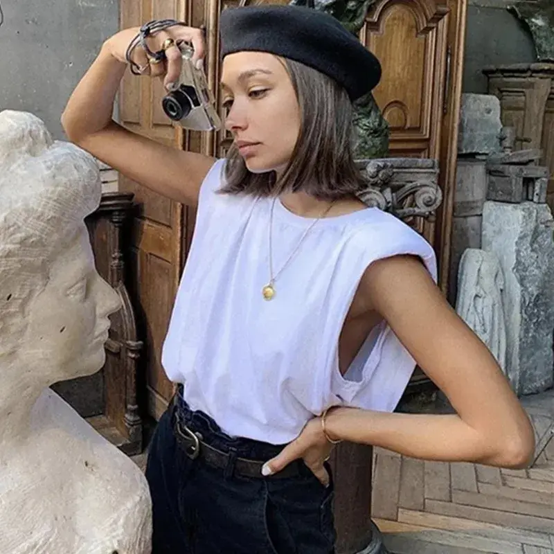 Ins Summer Bfloose-Fit Slimming Padded Shoulder Strapless Tshirt Women's Solid Color Versatile Round Neck Top Trendy Quick Sell