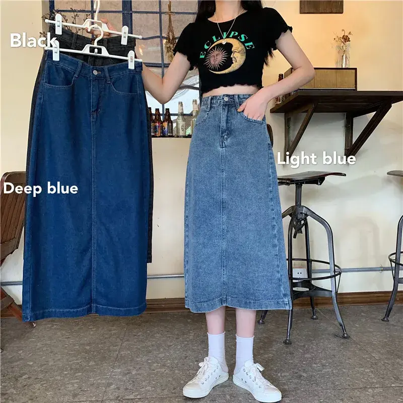 High Waist A- Line Midi Denim Skirt Women plus Size Summer New Style Student Korean Version Bodycon Skirt Cotton Plaid Patchwork