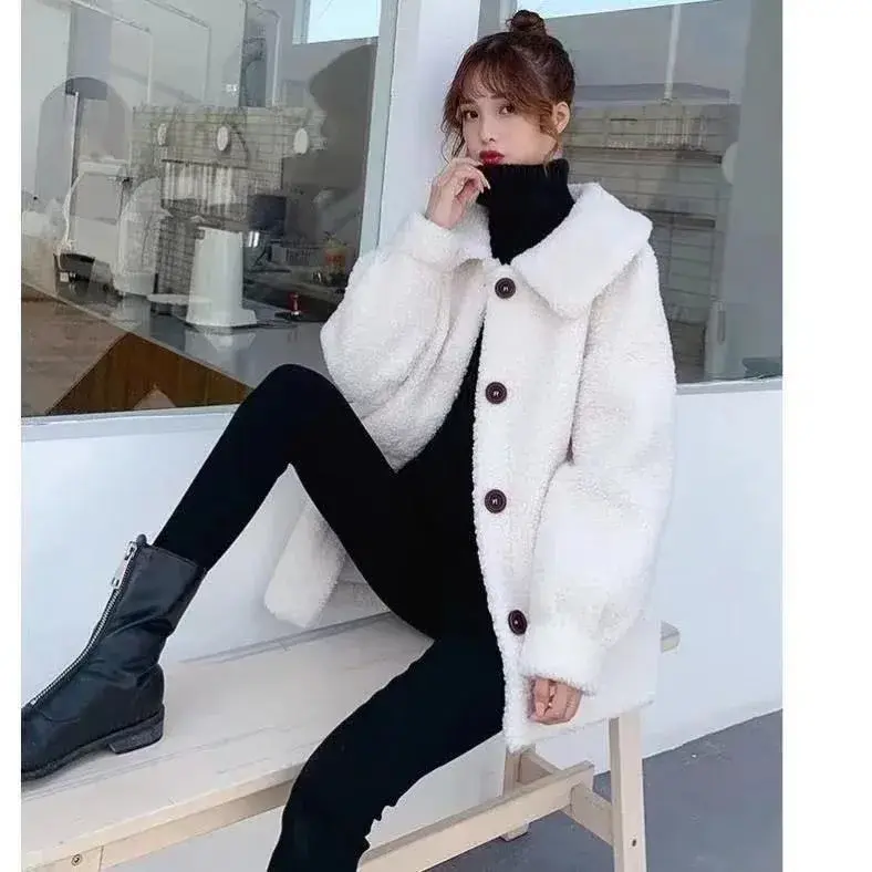 Women's Loose Lapel Lamb Fur Jacket Autumn Winter Thickened Korean Style Polo Collar Sweatshirt Outerwear Polyester Fiber