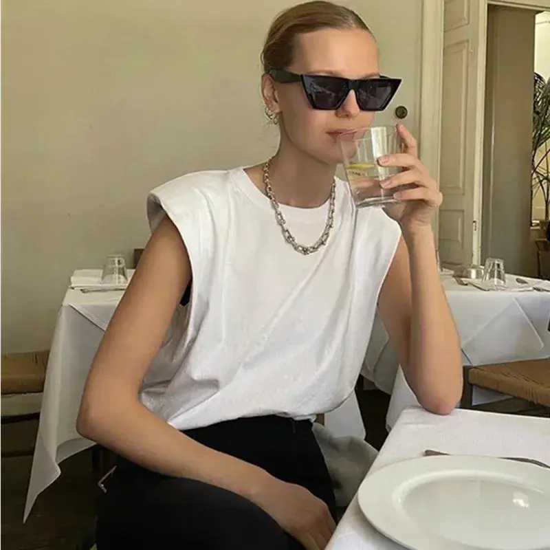 Ins Summer Bfloose-Fit Slimming Padded Shoulder Strapless Tshirt Women's Solid Color Versatile Round Neck Top Trendy Quick Sell