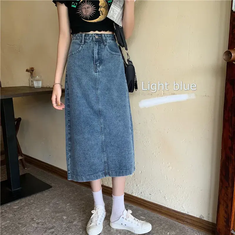 High Waist A- Line Midi Denim Skirt Women plus Size Summer New Style Student Korean Version Bodycon Skirt Cotton Plaid Patchwork
