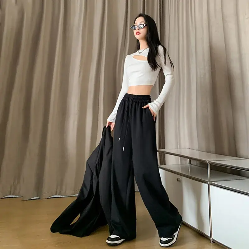 Grey Sports Wide Leg Pants Women's High Waist Loose Straight Casual Banana Long Sweatpants Autumn New Style Comfortable Trousers