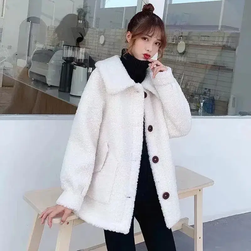 Women's Loose Lapel Lamb Fur Jacket Autumn Winter Thickened Korean Style Polo Collar Sweatshirt Outerwear Polyester Fiber