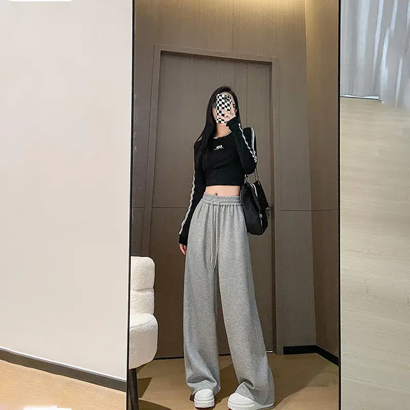 Grey Sports Wide Leg Pants Women's High Waist Loose Straight Casual Banana Long Sweatpants Autumn New Style Comfortable Trousers