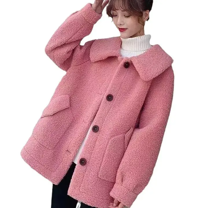 Women's Loose Lapel Lamb Fur Jacket Autumn Winter Thickened Korean Style Polo Collar Sweatshirt Outerwear Polyester Fiber