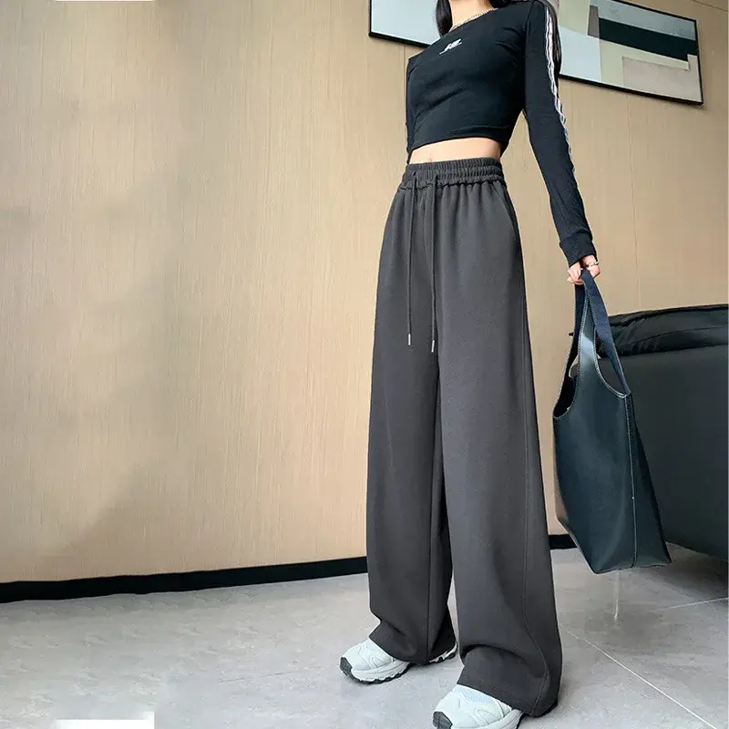Grey Sports Wide Leg Pants Women's High Waist Loose Straight Casual Banana Long Sweatpants Autumn New Style Comfortable Trousers
