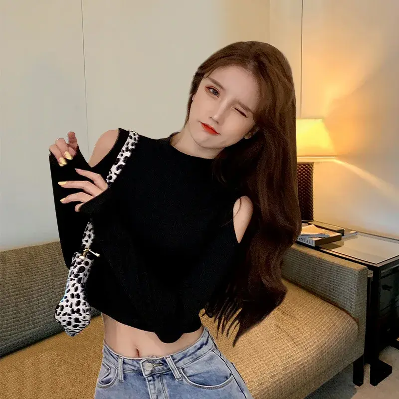Off-The-Shoulder Long Sleeve Sexy Cropped Black Base Layer Women's T-Shirt Autumn/Winter Inner Versatile Exposed Abdomen T-Shirt