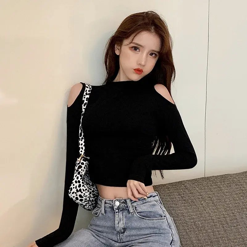 Off-The-Shoulder Long Sleeve Sexy Cropped Black Base Layer Women's T-Shirt Autumn/Winter Inner Versatile Exposed Abdomen T-Shirt