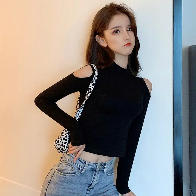 Off-The-Shoulder Long Sleeve Sexy Cropped Black Base Layer Women's T-Shirt Autumn/Winter Inner Versatile Exposed Abdomen T-Shirt