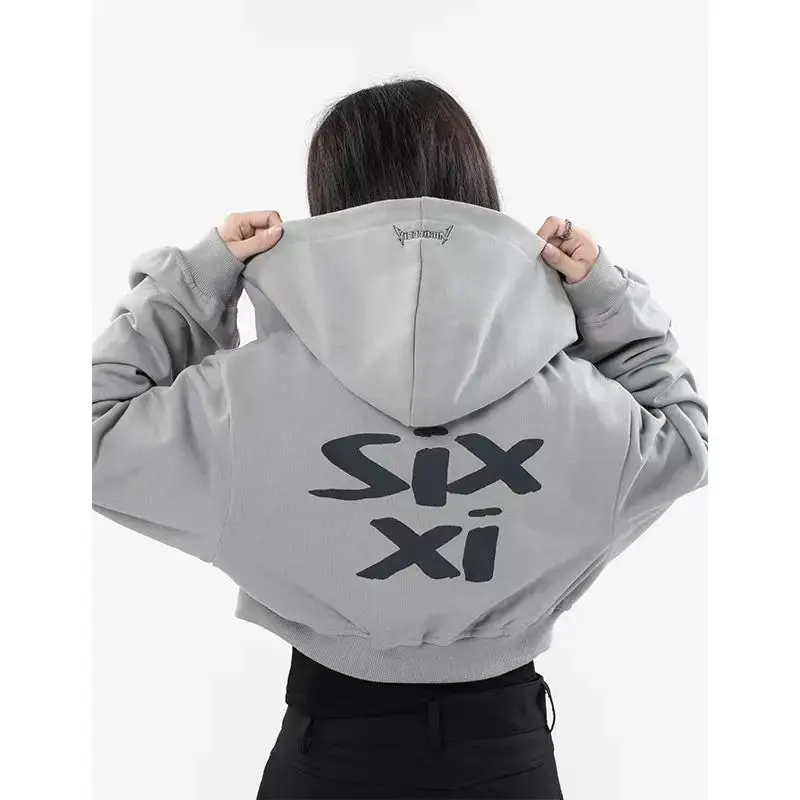 2024 Autumn New Arrival Women's Fleece-lined Cropped Slim Fit Zipper Sweatshirt Trendy Fashionable Smooth Silhouette Crew Neck