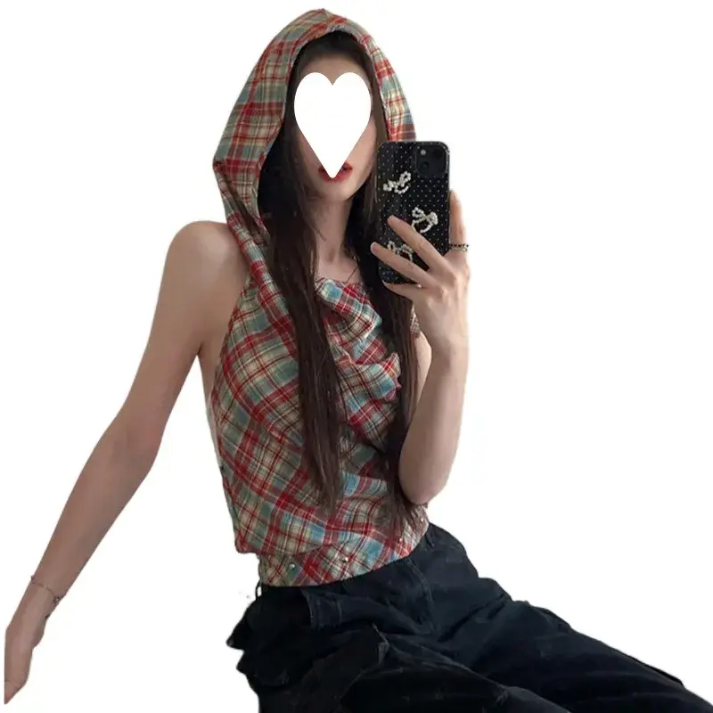 Summer 2025 Retro Red Plaid Halter Neck Sleeveless Women's Top Hoodie Outdoor Wear Vest Top Female Spicy No Sleeve Hat
