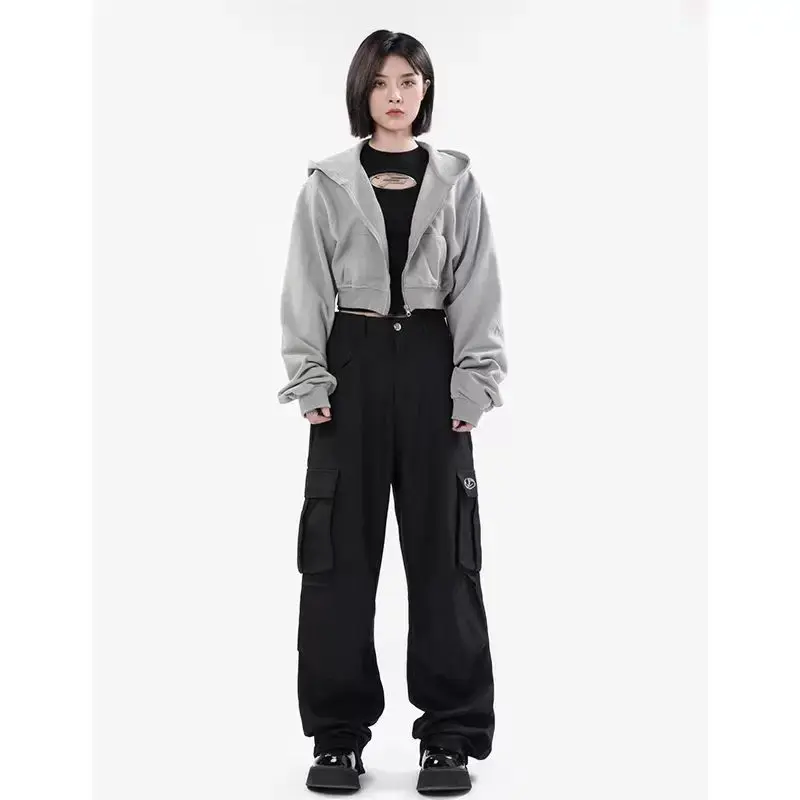 2024 Autumn New Arrival Women's Fleece-lined Cropped Slim Fit Zipper Sweatshirt Trendy Fashionable Smooth Silhouette Crew Neck