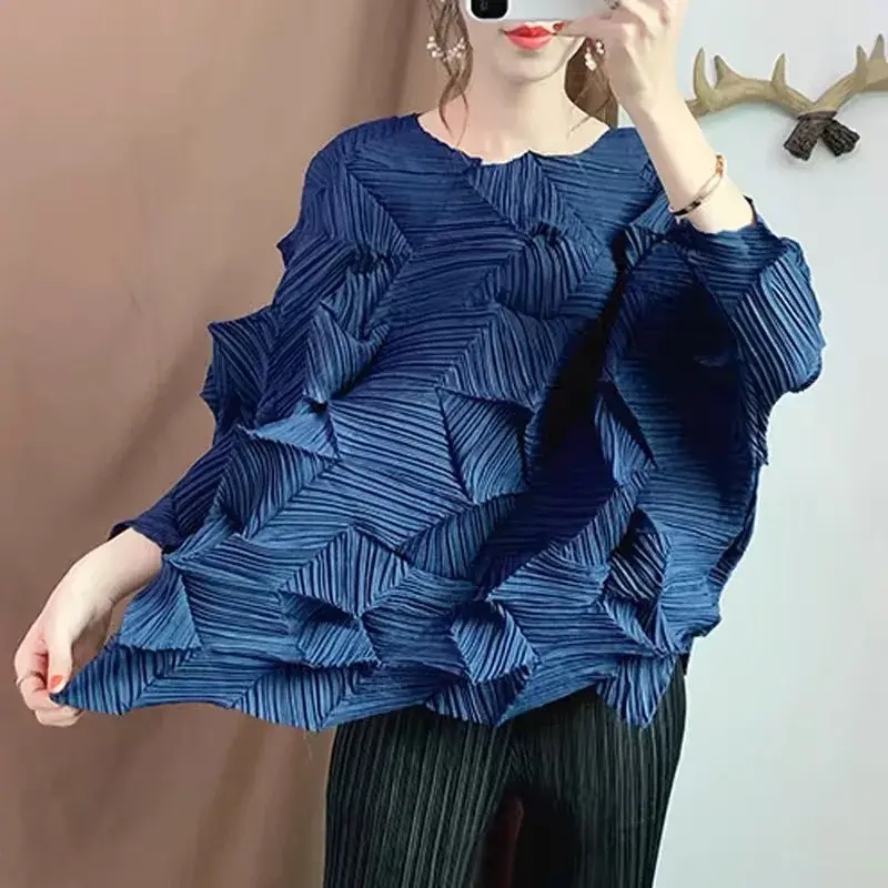 New American Style Loose-Fit Diamond Pleated Butterfly Sleeve T-Shirt Plus Size Versatile Elegant Top Polyester Crew Neck