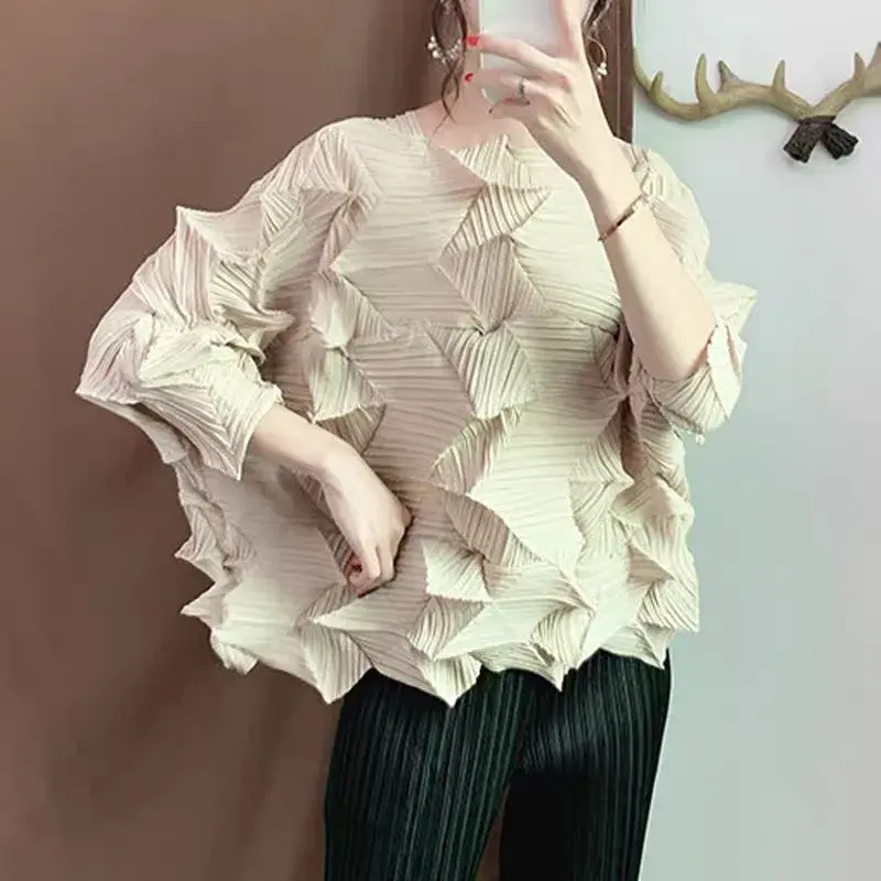 New American Style Loose-Fit Diamond Pleated Butterfly Sleeve T-Shirt Plus Size Versatile Elegant Top Polyester Crew Neck