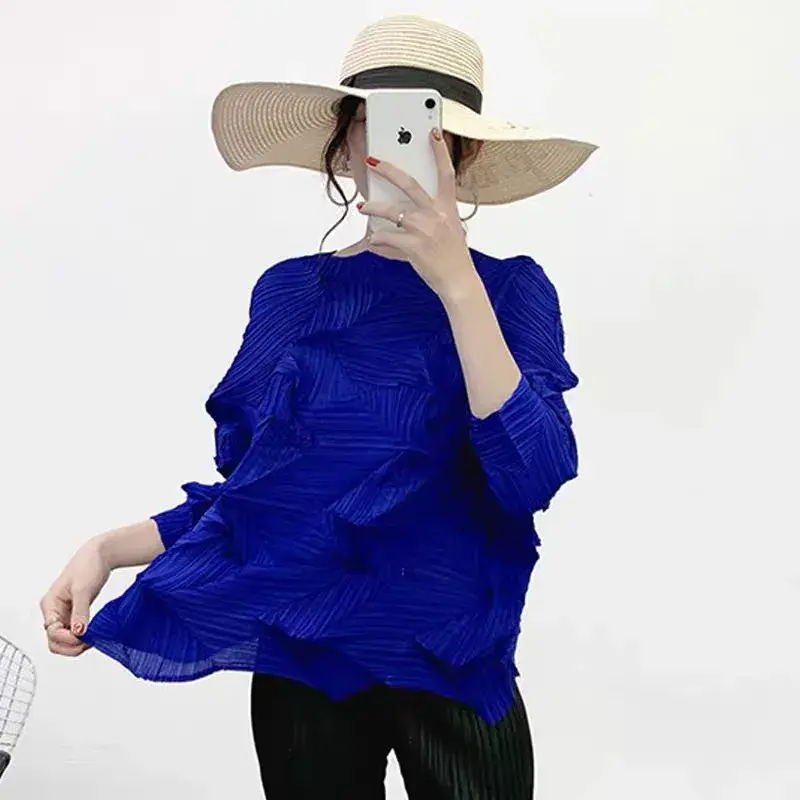 New American Style Loose-Fit Diamond Pleated Butterfly Sleeve T-Shirt Plus Size Versatile Elegant Top Polyester Crew Neck