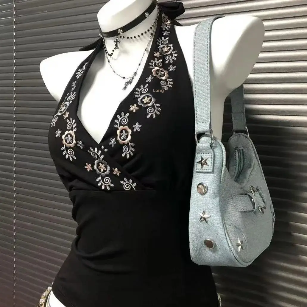 Black V-Neck Embroidered Backless Crop Top Punk Style Sleeveless Women's T-Shirt Retro Sexy Girl Aby Summer New Arrival