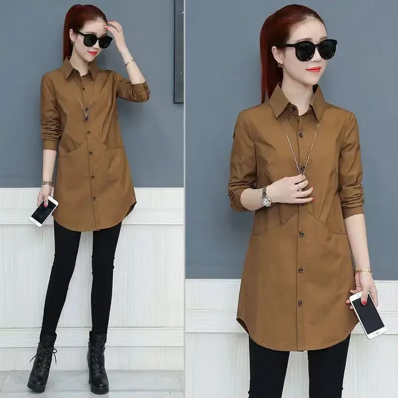 Slim Fit Mid-Length Long Sleeve Polo Collar Shirt for Women with Pocket Spring Autumn New Style Versatile Ladies Top