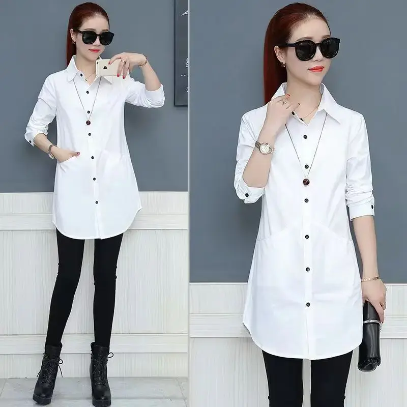 Slim Fit Mid-Length Long Sleeve Polo Collar Shirt for Women with Pocket Spring Autumn New Style Versatile Ladies Top