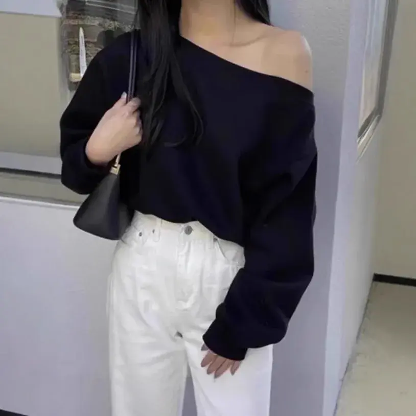 Retro American Shoulder-baring Loose Long Sleeve One-shoulder Casual Pure Color Sweatshirt Women Autumn Winter Small Audience