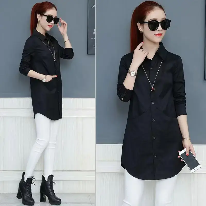Slim Fit Mid-Length Long Sleeve Polo Collar Shirt for Women with Pocket Spring Autumn New Style Versatile Ladies Top