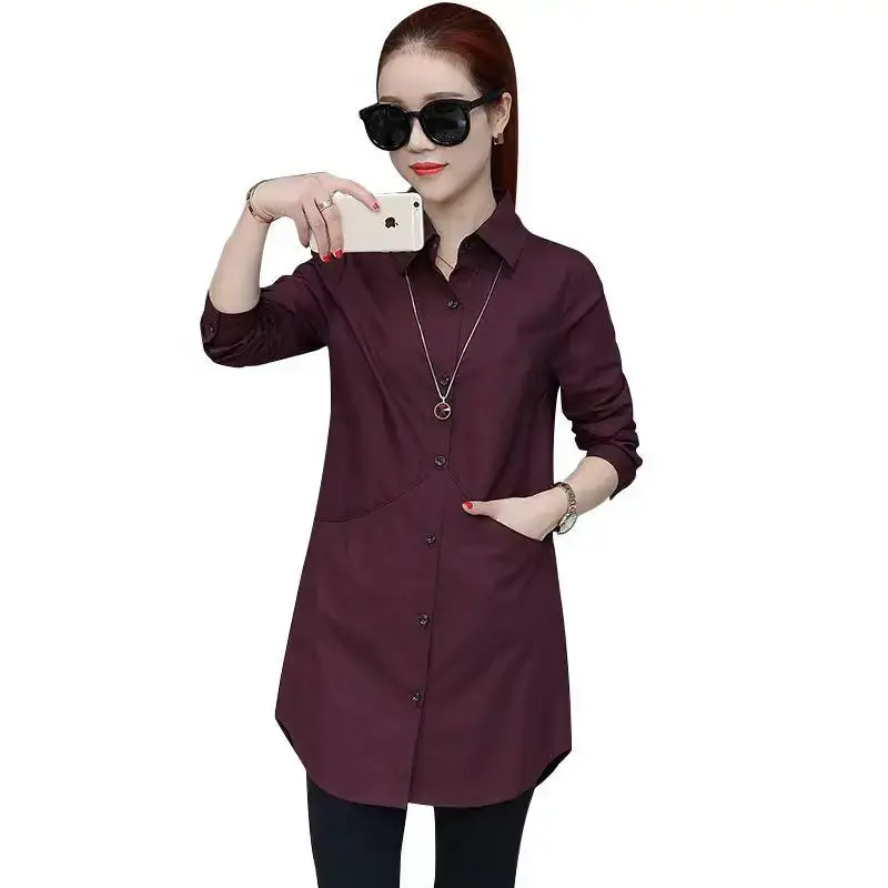 Slim Fit Mid-Length Long Sleeve Polo Collar Shirt for Women with Pocket Spring Autumn New Style Versatile Ladies Top