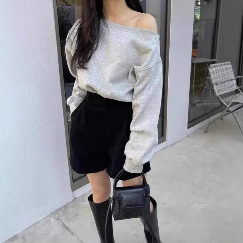 Retro American Shoulder-baring Loose Long Sleeve One-shoulder Casual Pure Color Sweatshirt Women Autumn Winter Small Audience