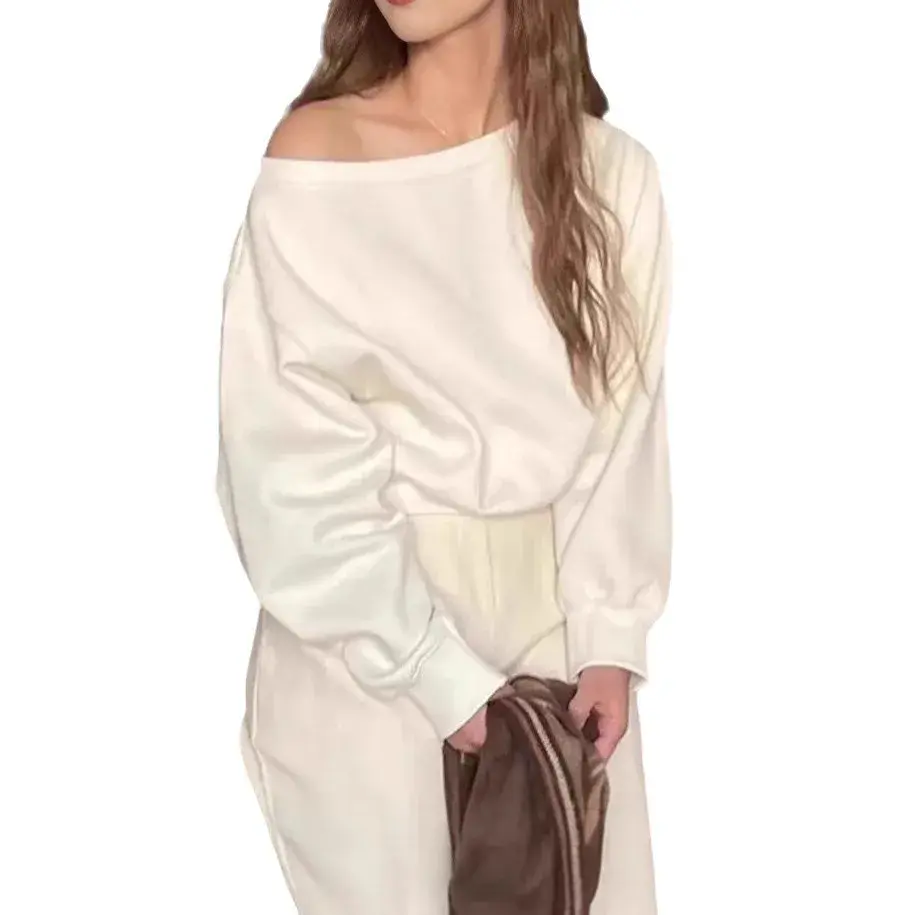 Retro American Shoulder-baring Loose Long Sleeve One-shoulder Casual Pure Color Sweatshirt Women Autumn Winter Small Audience