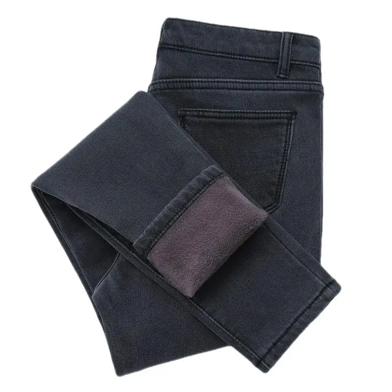 WinterFleece-Lined Thickened High-Waisted Jeans Women's Korean Style Black Slimming Trousers Student Elastic Long Pants