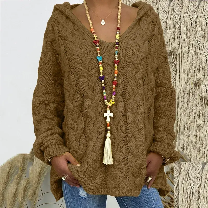 2023 Autumn/Winter New Women's Solid Color Cable Knit Sweater Hooded Pullover European and American Cross-Border Supply