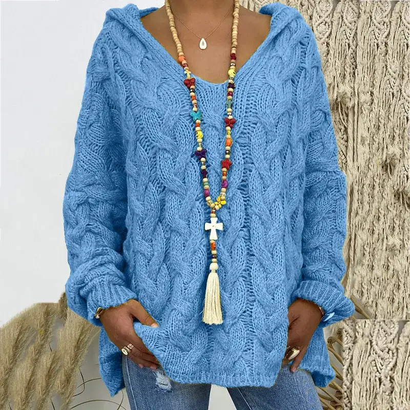 2023 Autumn/Winter New Women's Solid Color Cable Knit Sweater Hooded Pullover European and American Cross-Border Supply