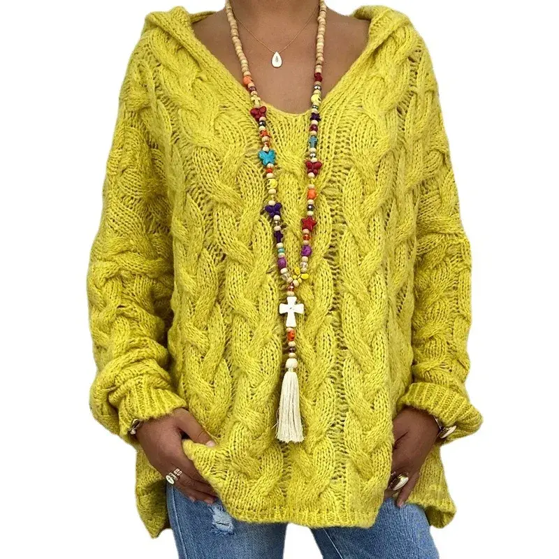 2023 Autumn/Winter New Women's Solid Color Cable Knit Sweater Hooded Pullover European and American Cross-Border Supply