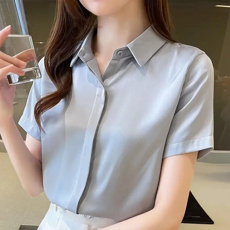 Elegant White Collar Short Sleeve Summer Shirt For Women Professional Business Casual Dress Top Work Uniform