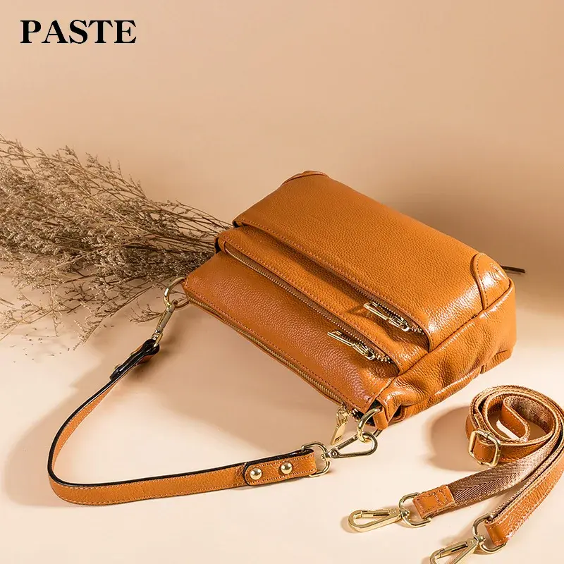 2023 Spring Summer New Women's Genuine Leather Bag Multi-zip Layered Single Shoulder Slant Crossbody Bag Trendy Handbag