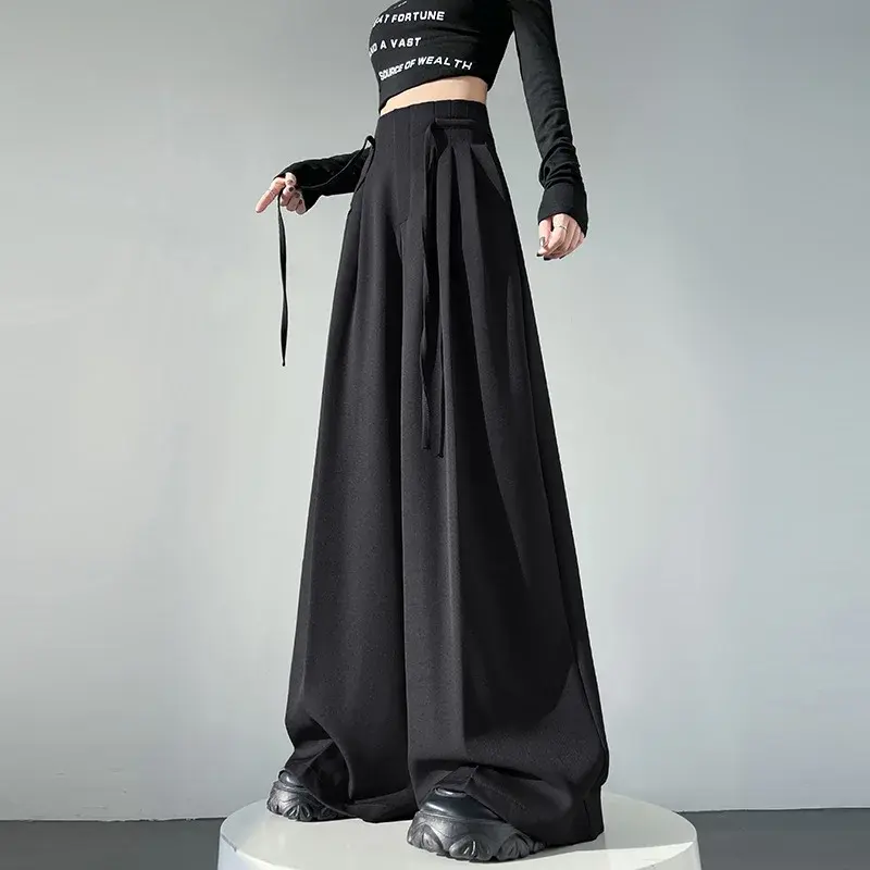 Women's Wide Leg Suit Pants Spring 2025 Drawstring Casual Floor-Length High Waist Straight Cut Versatile Loose Fit Trousers
