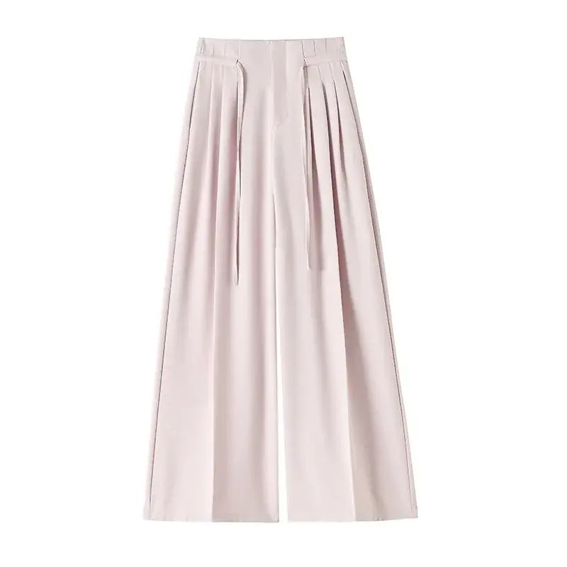 Women's Wide Leg Suit Pants Spring 2025 Drawstring Casual Floor-Length High Waist Straight Cut Versatile Loose Fit Trousers