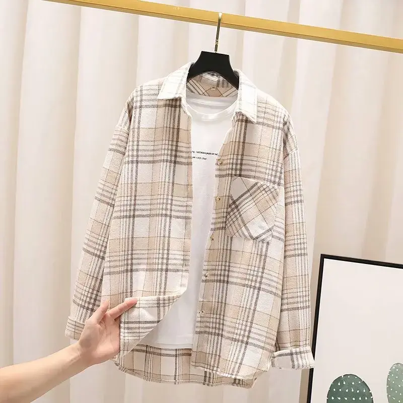 Thickened Plaid Shirt Women's Autumn Winter Vintage HongKong Style Woolen Outerwear Loose Fit Top Jacket Versatile Coat