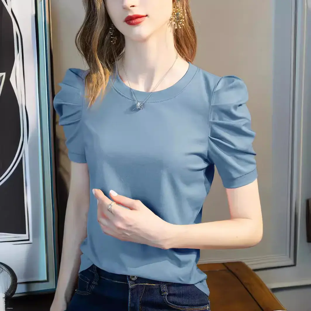 Women's Short Sleeve T-Shirt Summer Hot Sale Of The Season New Vintage Pleated Bubble Sleeve Design Unique Top Small Audience Cr